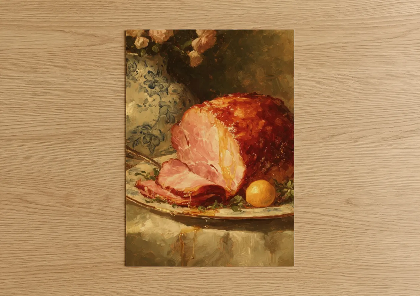Roasted Ham with Vintage Floral Still Life Wall Art