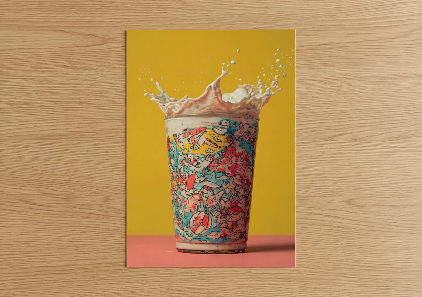 Art print on warm oak wood — yellow gold and magenta palette — Colorful Splash Milkshake poster