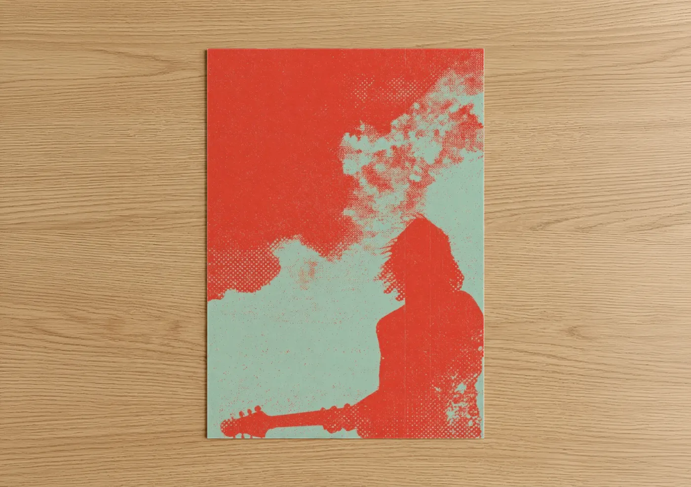Rock'n roll art print on warm oak wood — red and teal palette — Electric Guitarist Silhouette poster