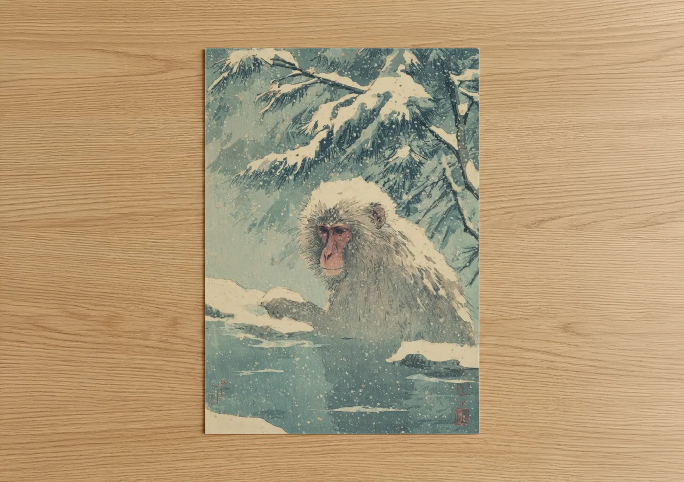 Snow Monkey Winter Woodblock Wall Art