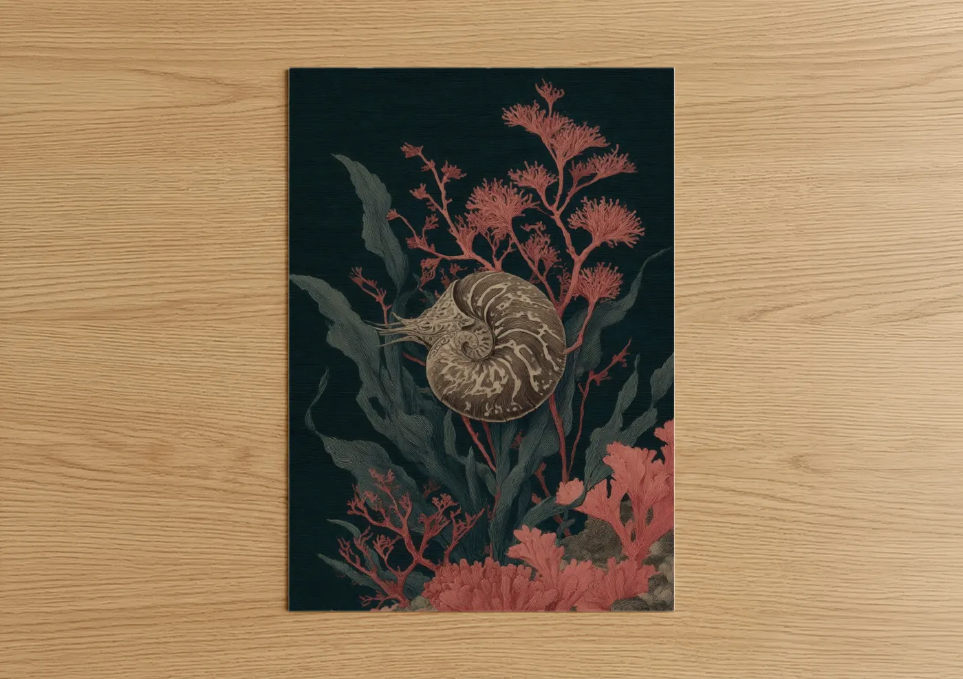 Art print on warm oak wood — dark blue and salmon pink palette — Nautilus Garden poster