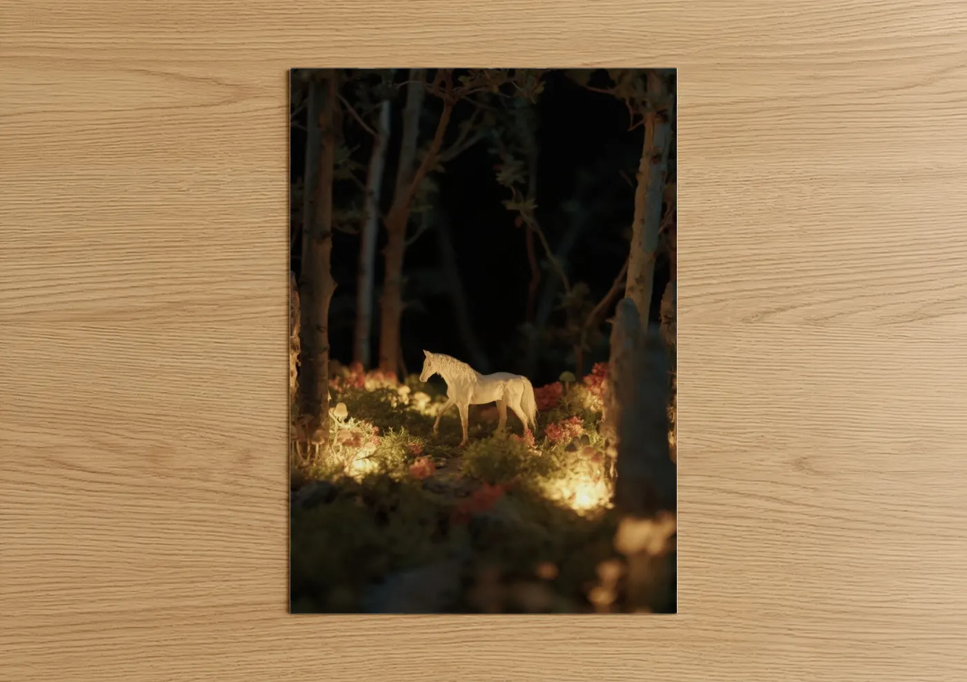 Miniature horse art print on warm oak wood — gold and black palette — Enchanted Forest Horse poster