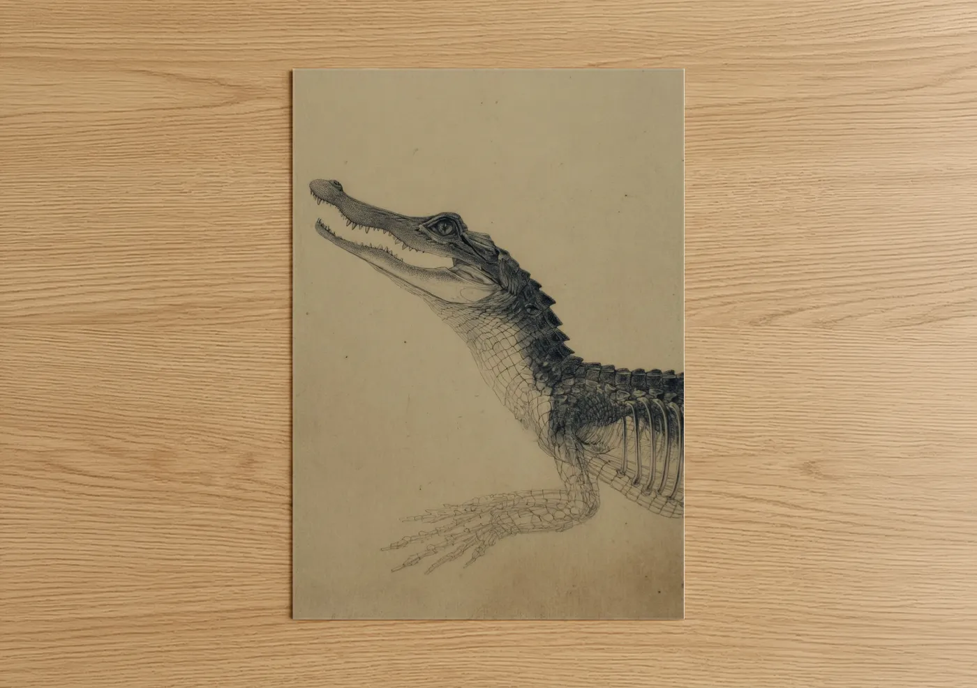 Art print on warm oak wood — black and white and beige palette — Detailed Alligator poster