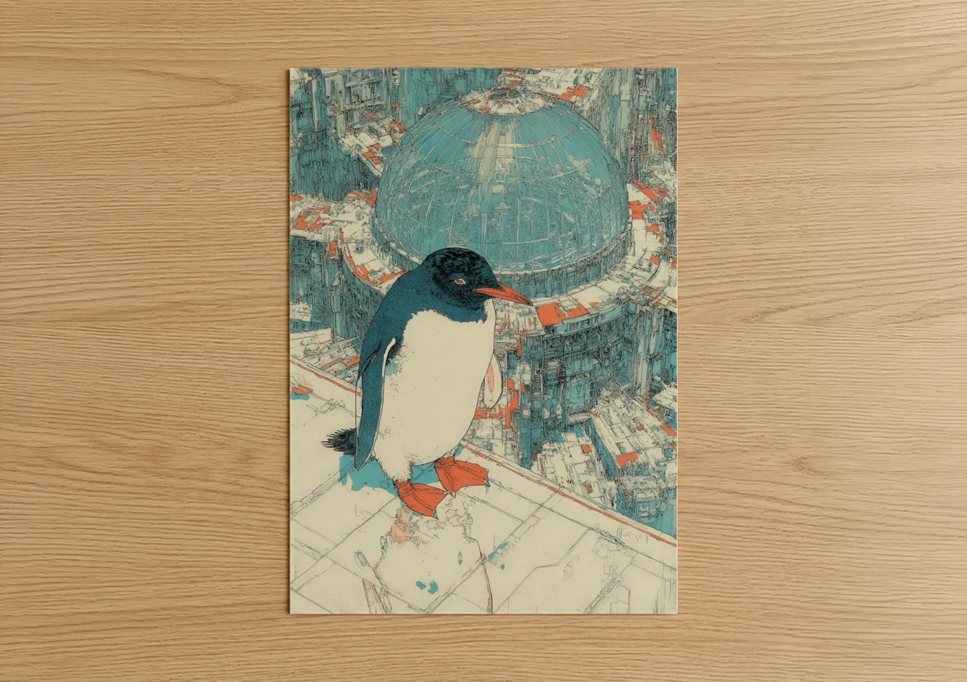 Urban Penguin Cityscape Illustration Wall Art