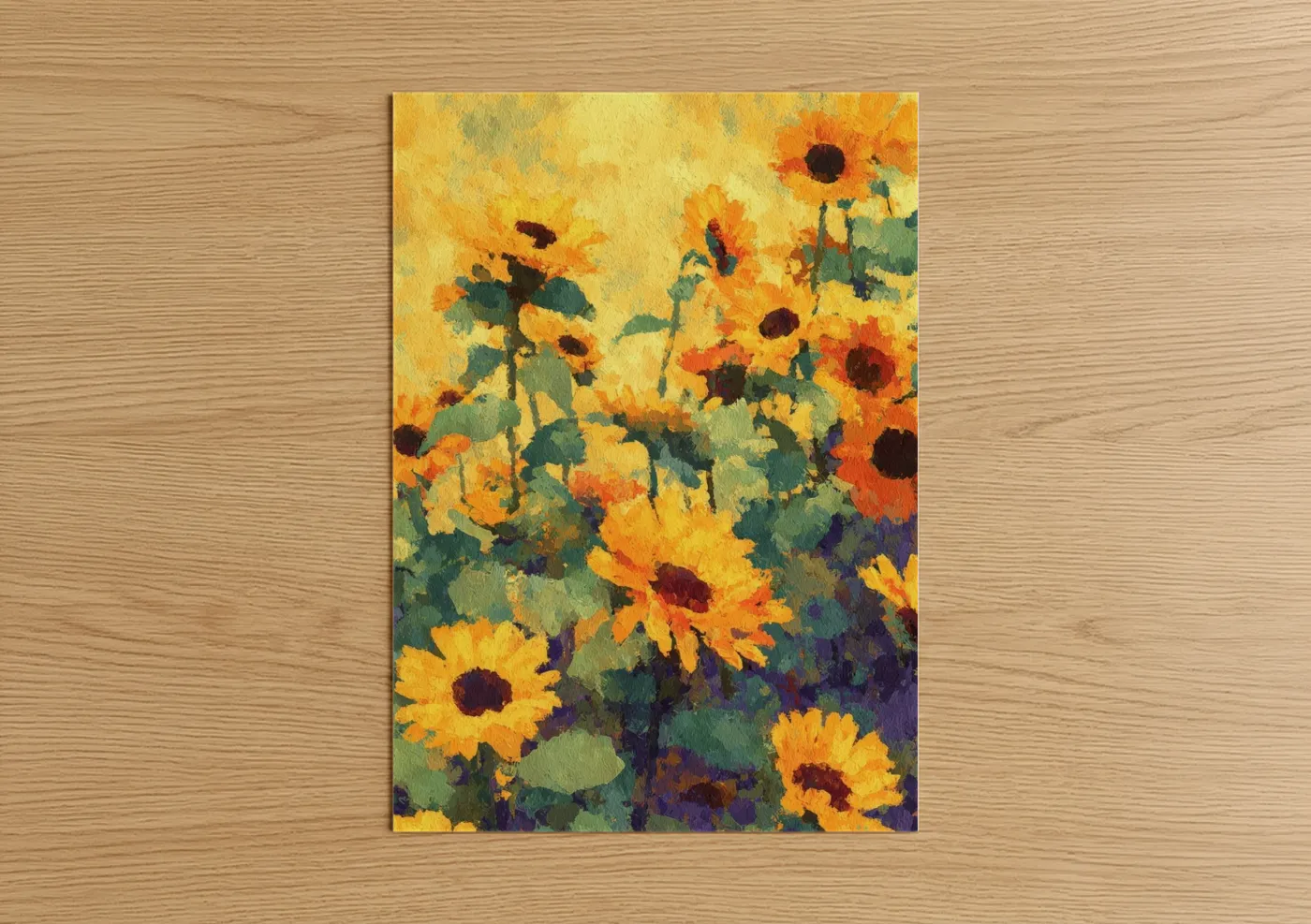 Art print on warm oak wood — yellow gold and true green palette — Golden Sunflower Field poster