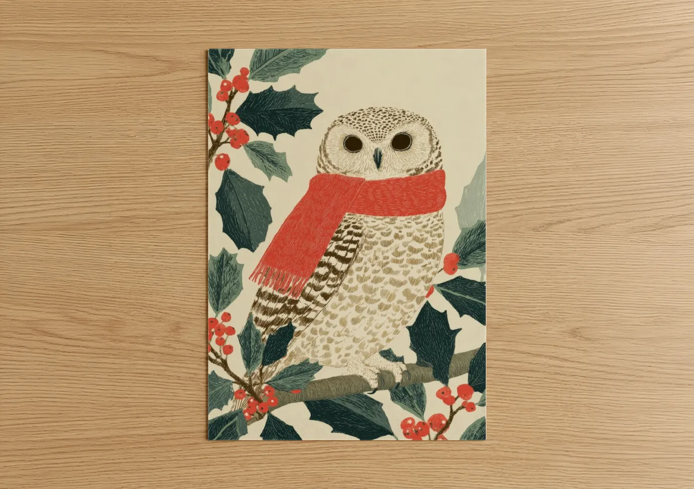 Christmas art print on warm oak wood — red and dark green palette — Festive Owl Cardinal poster