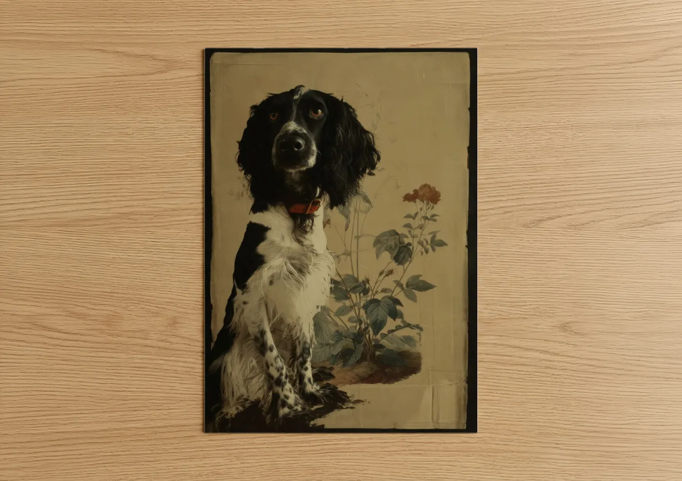 Art print on warm oak wood — black and white and cream palette — Black & White Spaniel poster