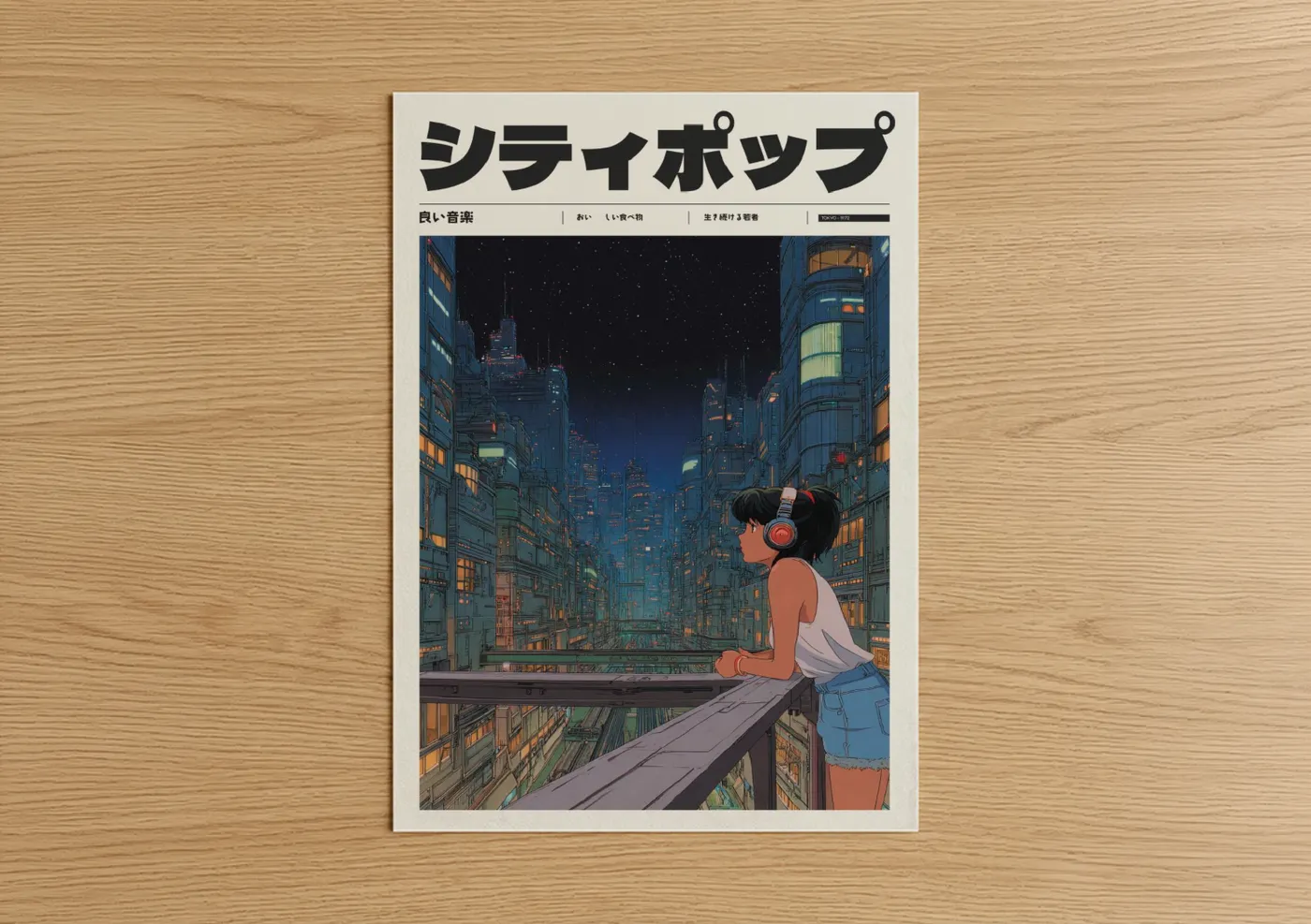 Anime and manga art print on warm oak wood — blue and gold palette — Neon City Dreamer poster