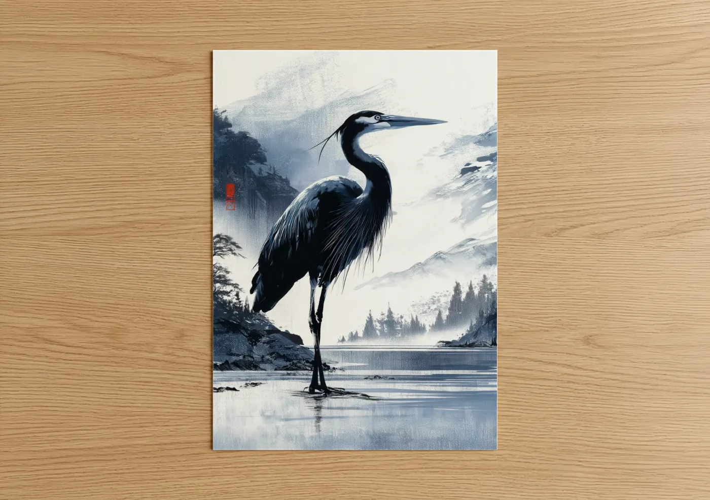 Art print on warm oak wood — blue and white and gray palette — Misty Lake Heron poster