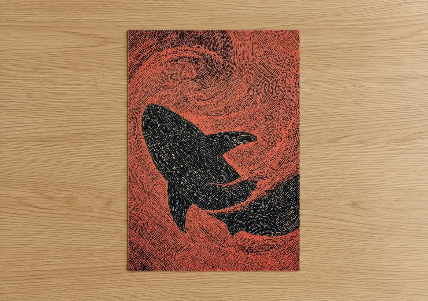 Art print on warm oak wood — red and black palette — Crimson Whale Shark poster