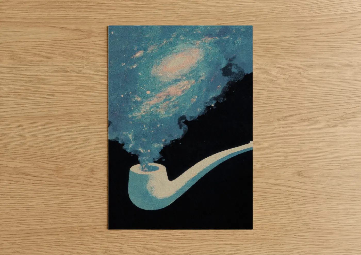 Smoke art print on warm oak wood — teal and peach palette — Cosmic Pipe poster