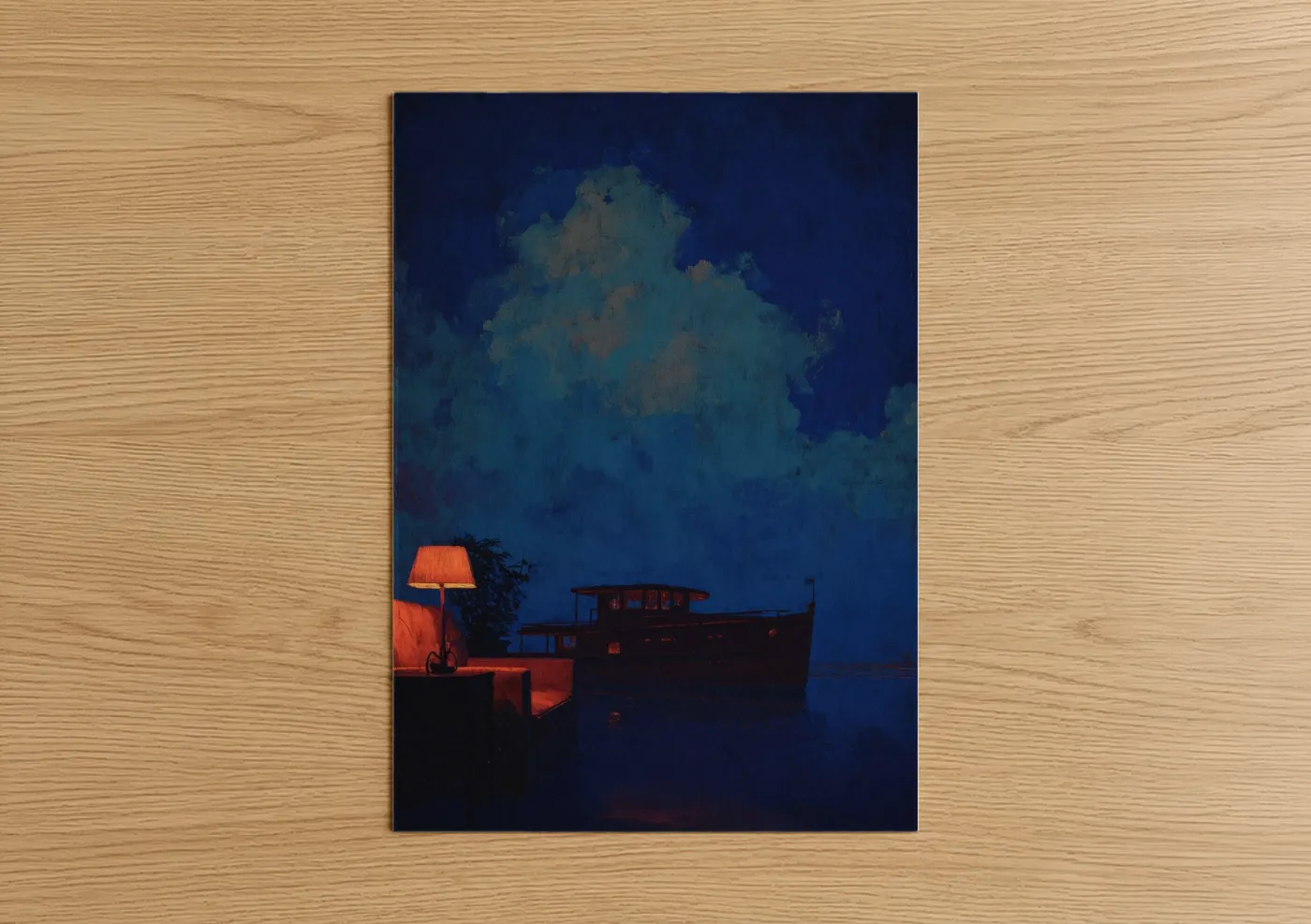 Yacth art print on warm oak wood — dark blue and gold palette — Midnight Yacht poster