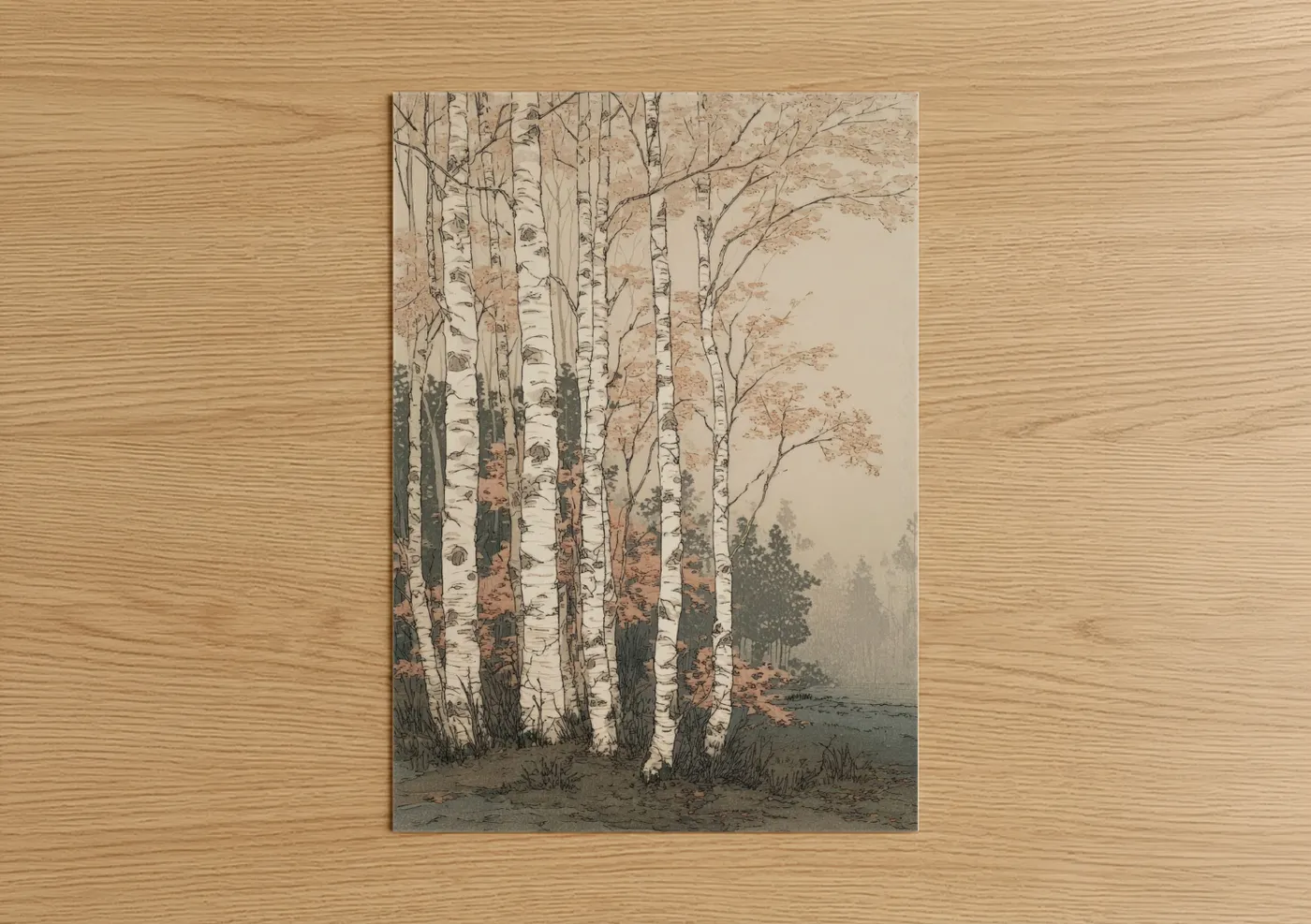 Birch tree art print on warm oak wood — beige and sage green palette — Misty Birch Forest poster