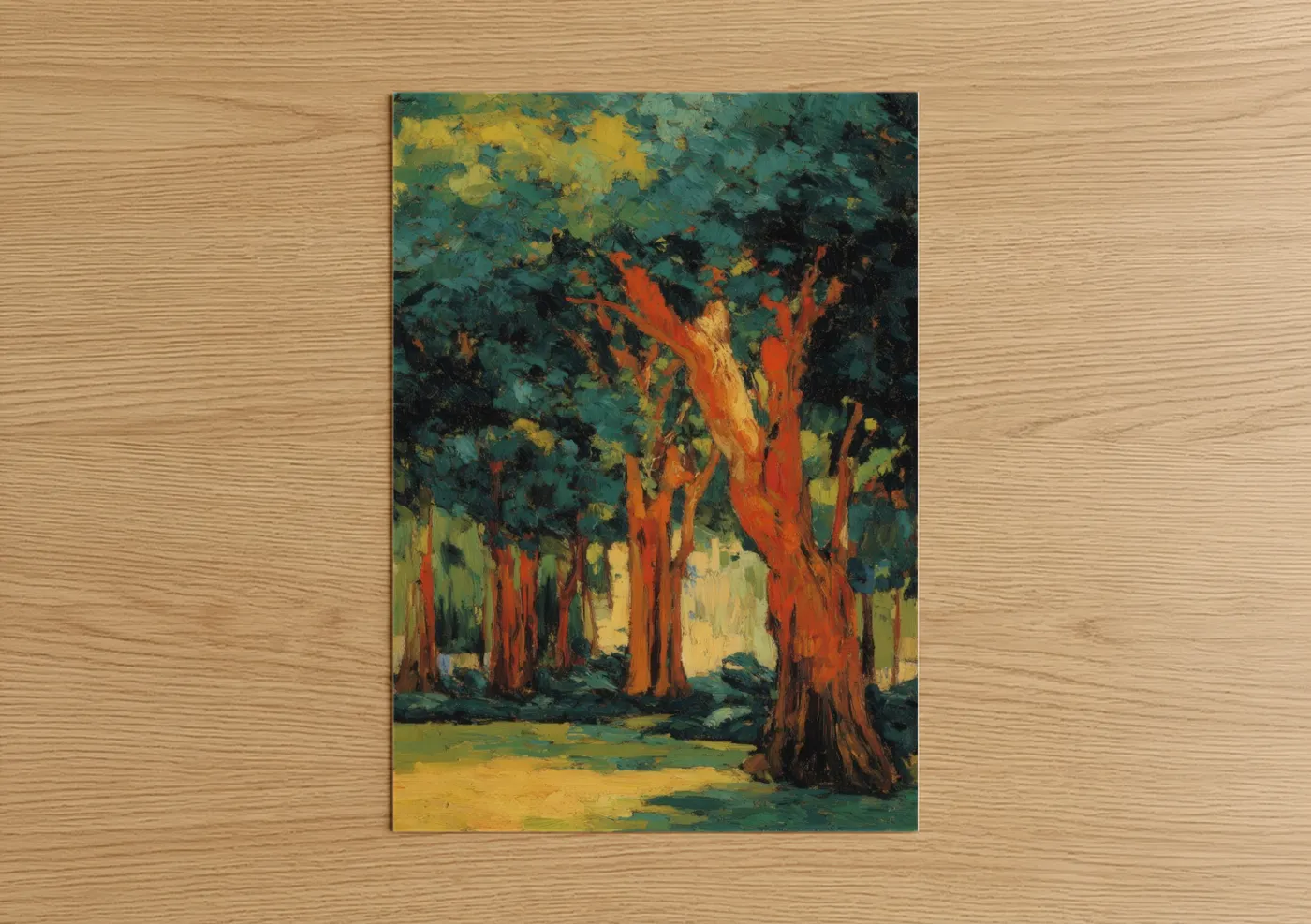 Banyan tree art print on warm oak wood — true green and orange palette — Crimson Banyan Grove poster