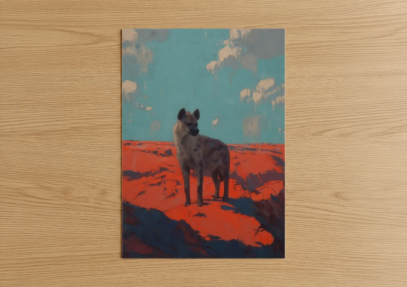 Art print on warm oak wood — turquoise and red palette — Desert Hyena poster