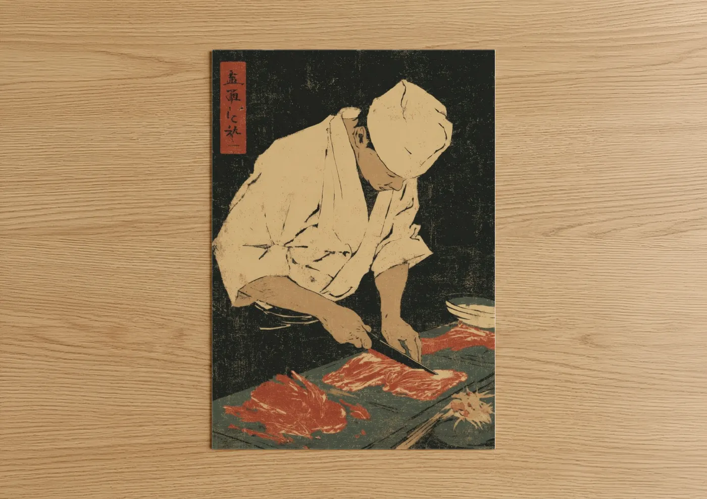 Meat art print on warm oak wood — cream and russet palette — Butcher's Craft poster