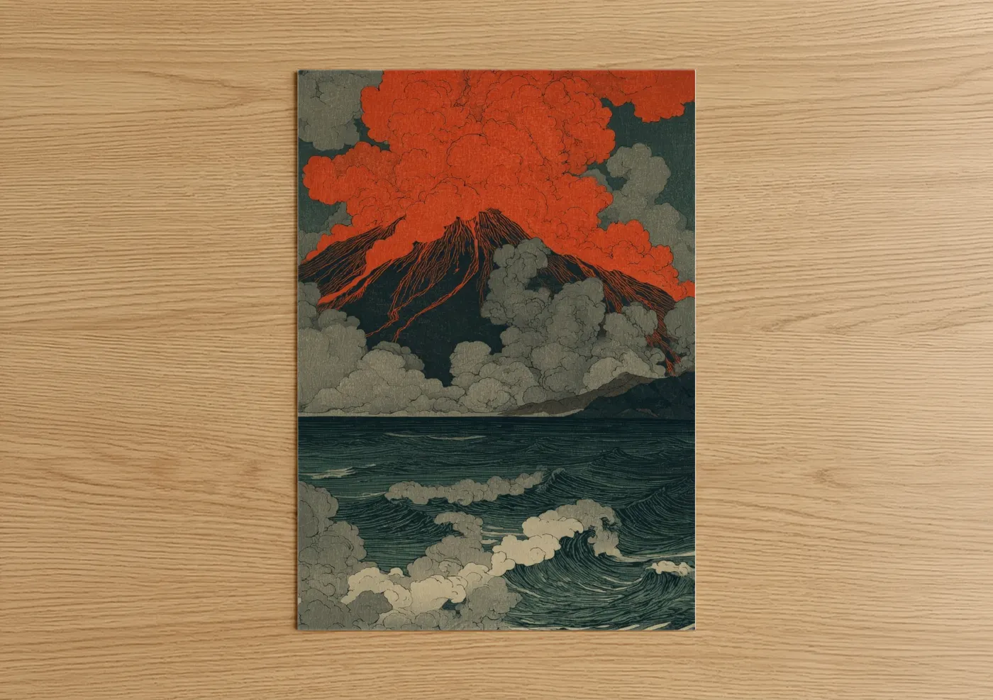 Crimson Volcano Eruption Japanese Woodblock Wall Art