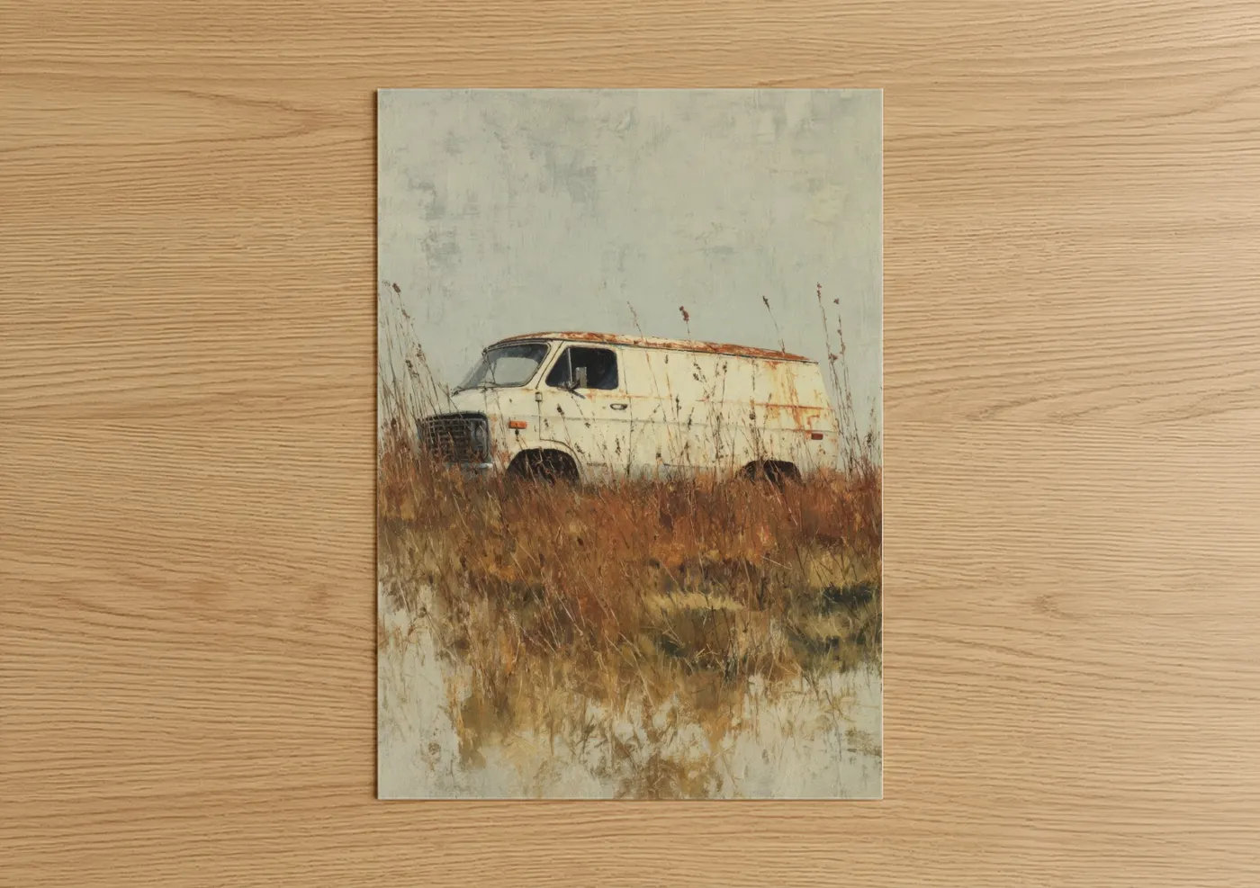 Vintage Abandoned Van in Dry Field Wall Art