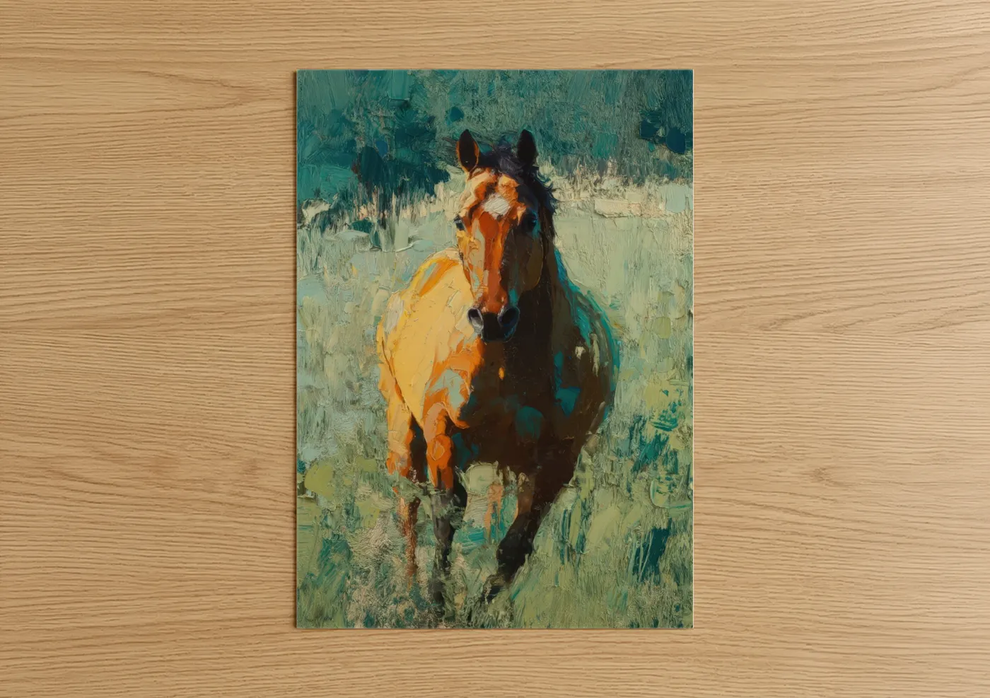 Art print on warm oak wood — gold and teal palette — Golden Quarter Horse poster