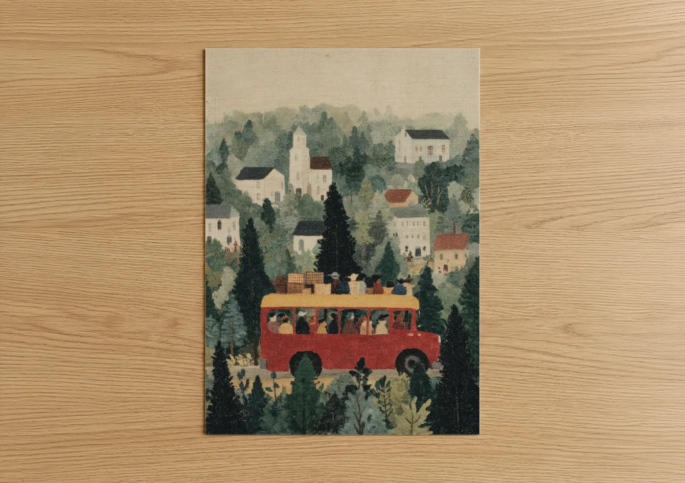 Red Bus Village Landscape Illustration Wall Art