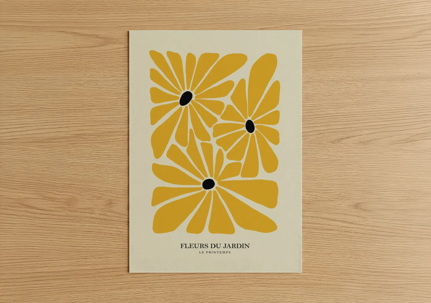 Abstract flower art print on warm oak wood — yellow gold and cream palette — Golden Daisy Trio poster