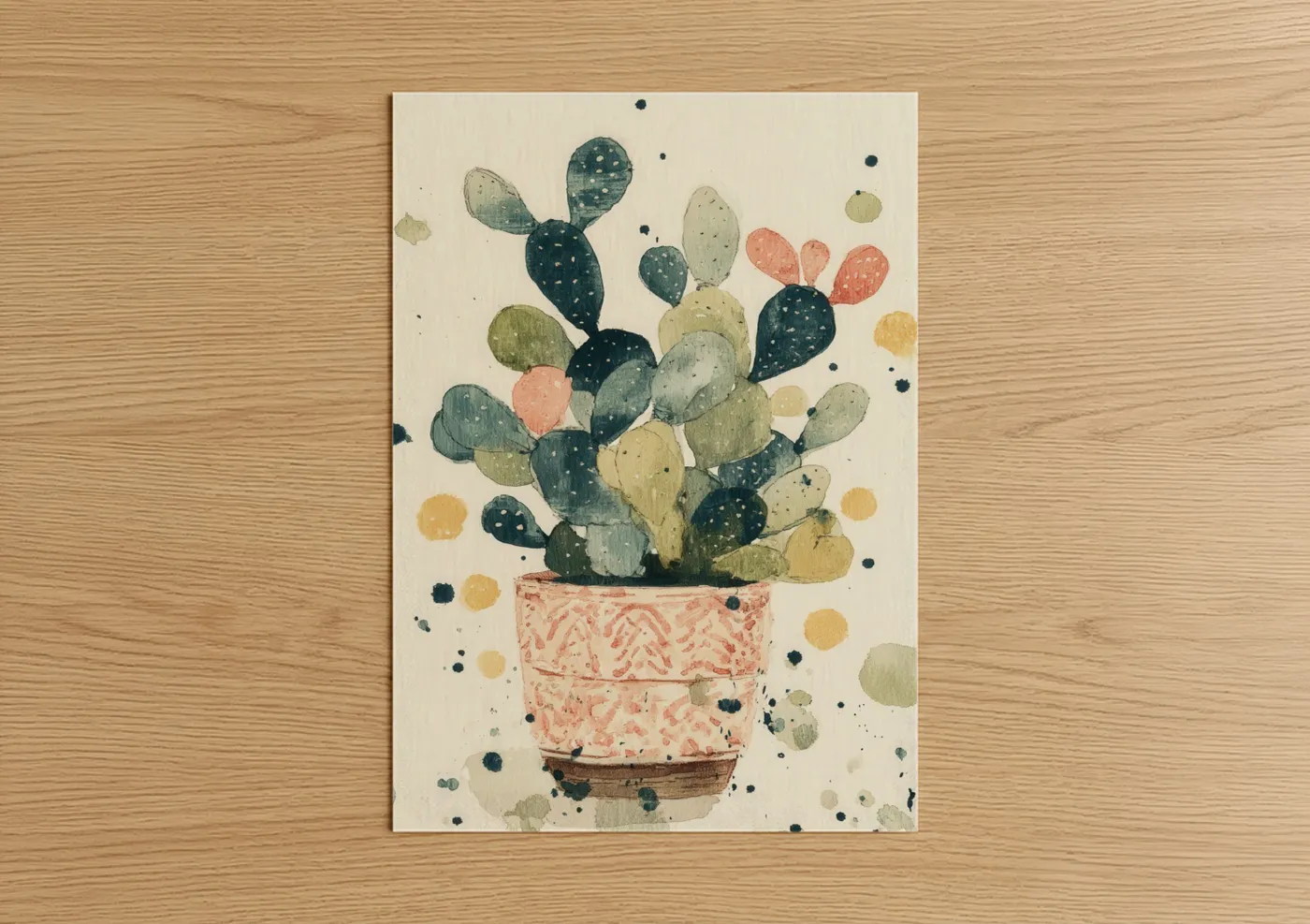 Art print on warm oak wood — sage green and peach palette — Potted Cactus Garden poster