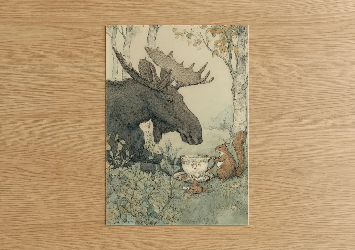 Art print on warm oak wood — sage green and beige palette — Forest Moose Tea poster