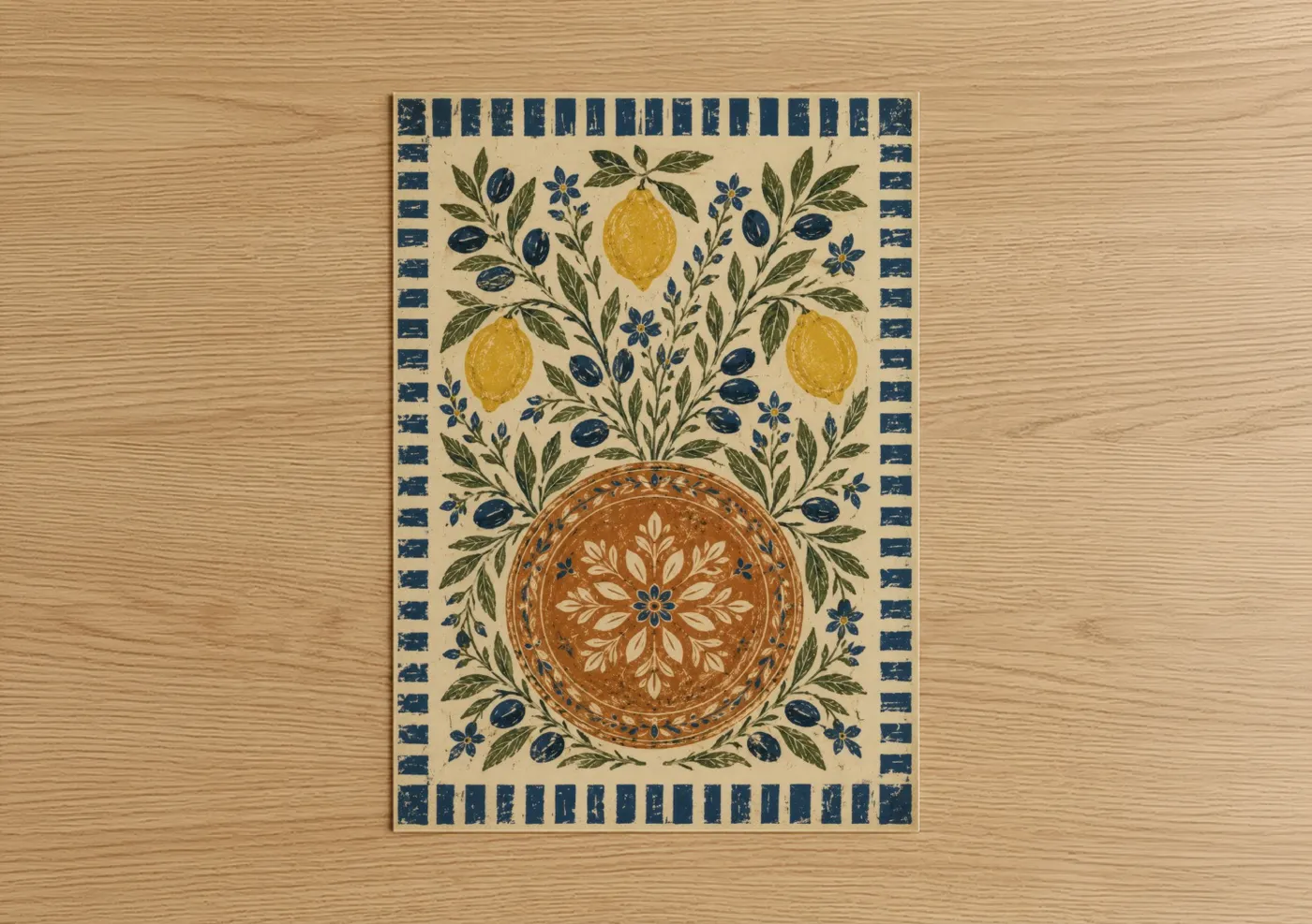 Olive tree art print on warm oak wood — blue and yellow palette — Mediterranean Olive And Lemon Grove Wall Art poster