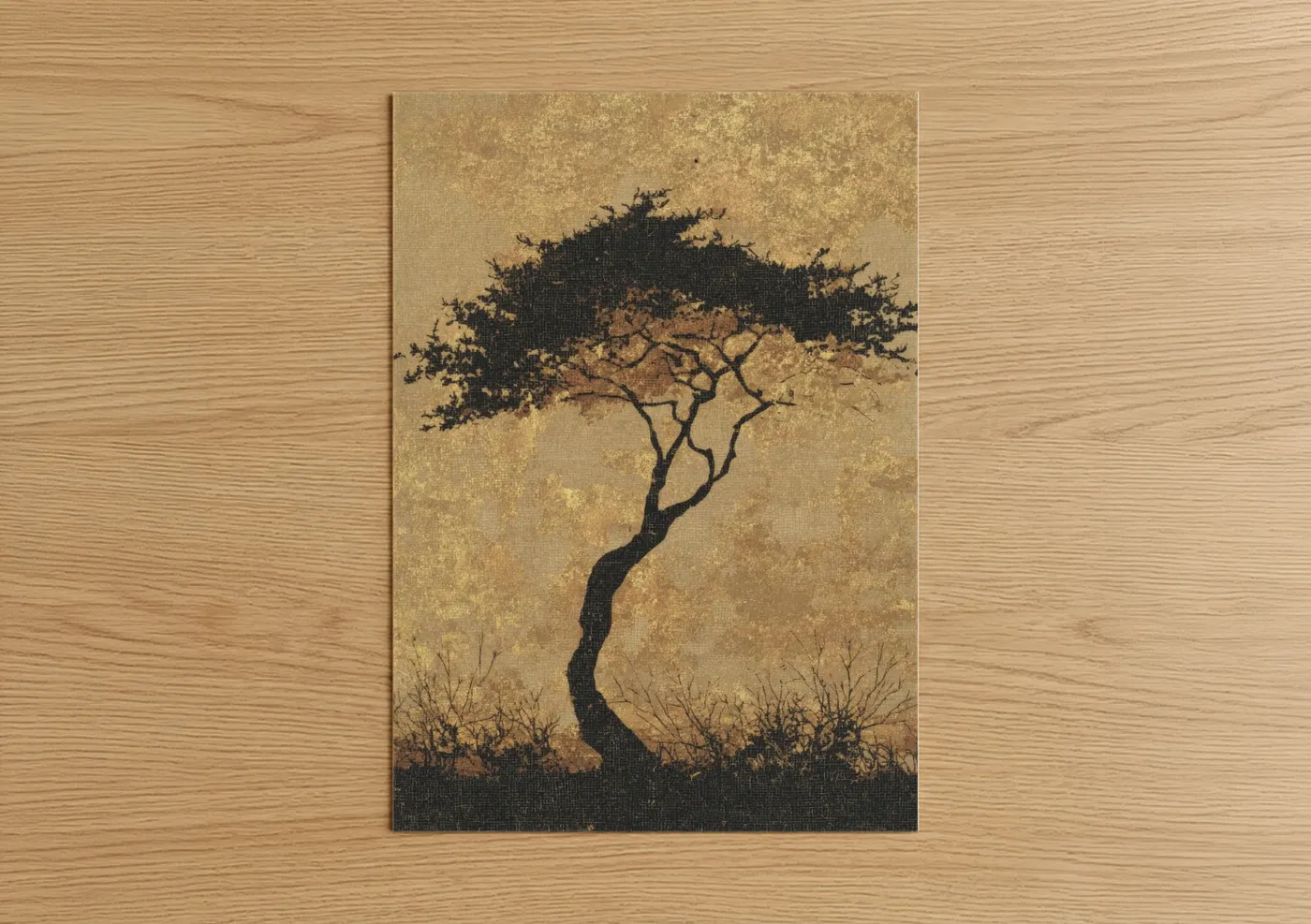 Savanna and desert trees art print on warm oak wood — gold and black palette — Solitary Acacia poster