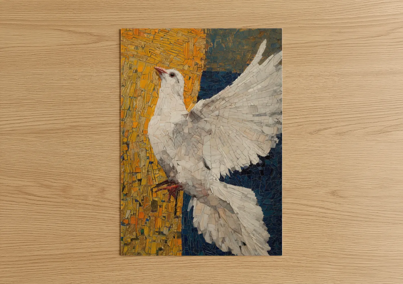 Art print on warm oak wood — gold and blue palette — Peaceful Dove poster