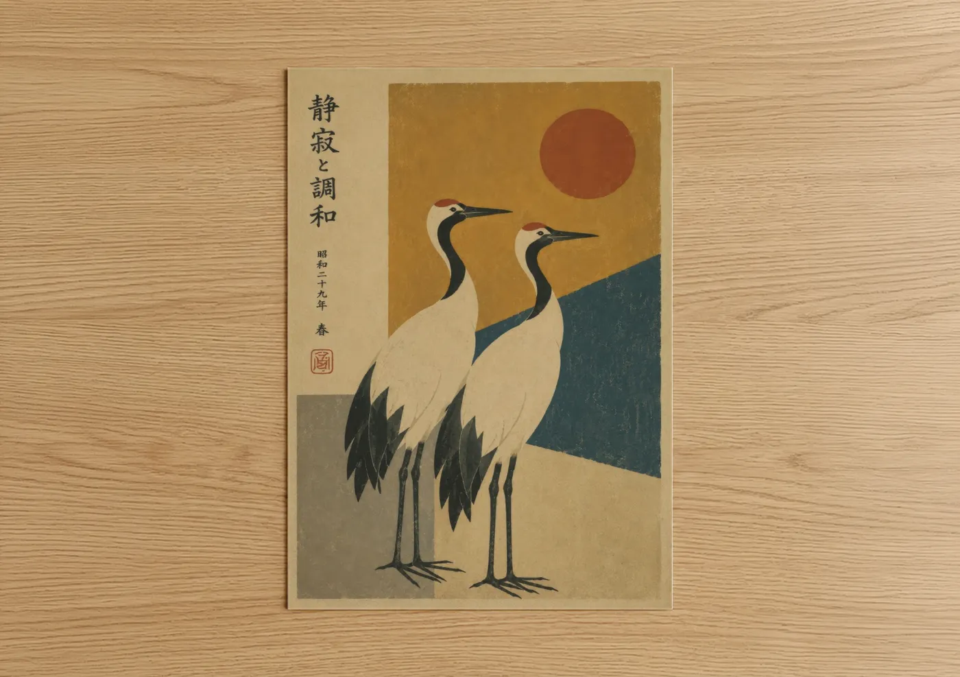 Art print on warm oak wood — gold and beige palette — Japanese Crane Sunrise Wall Art poster