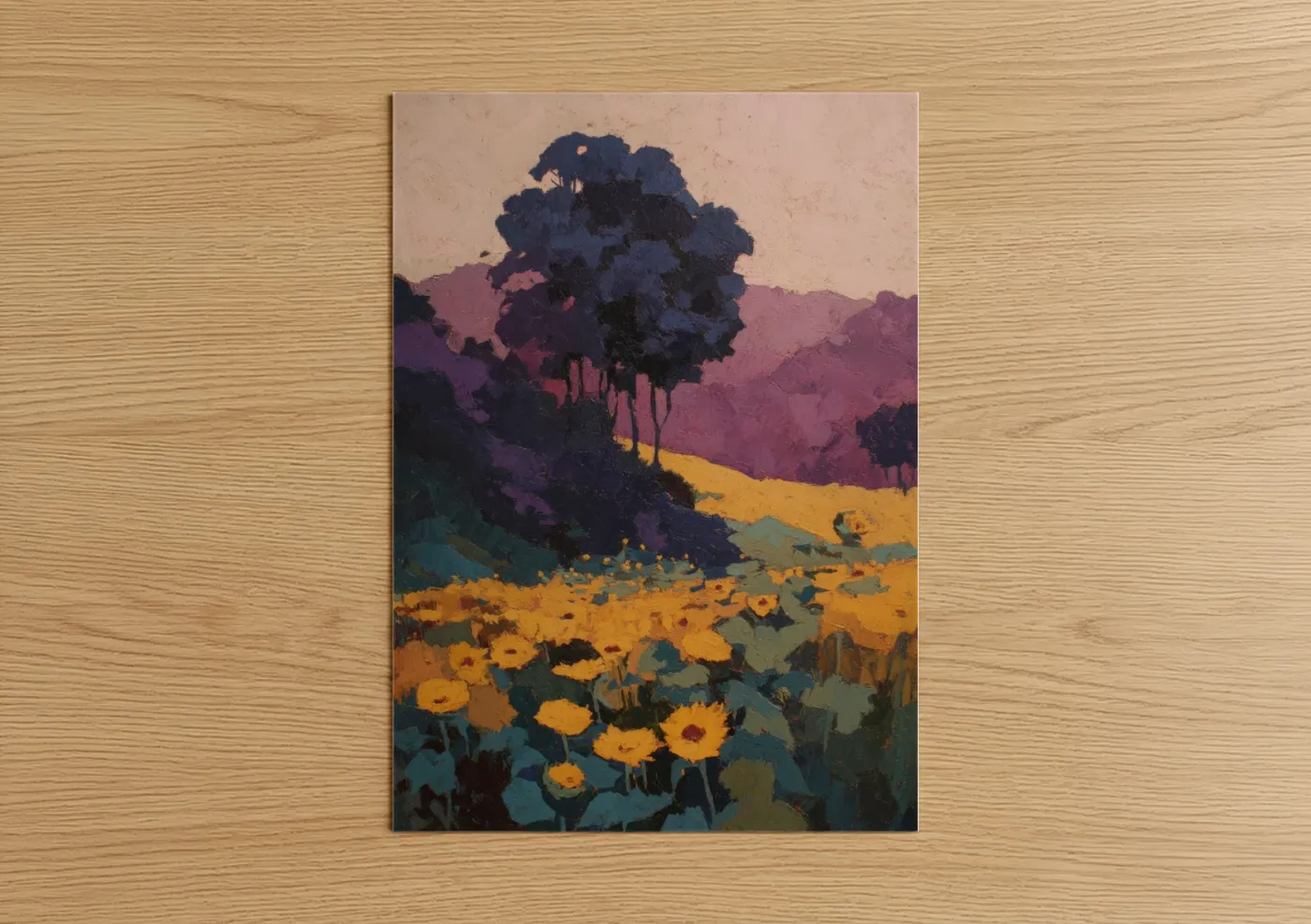 Art print on warm oak wood — gold and purple palette — Golden Sunflower Field poster