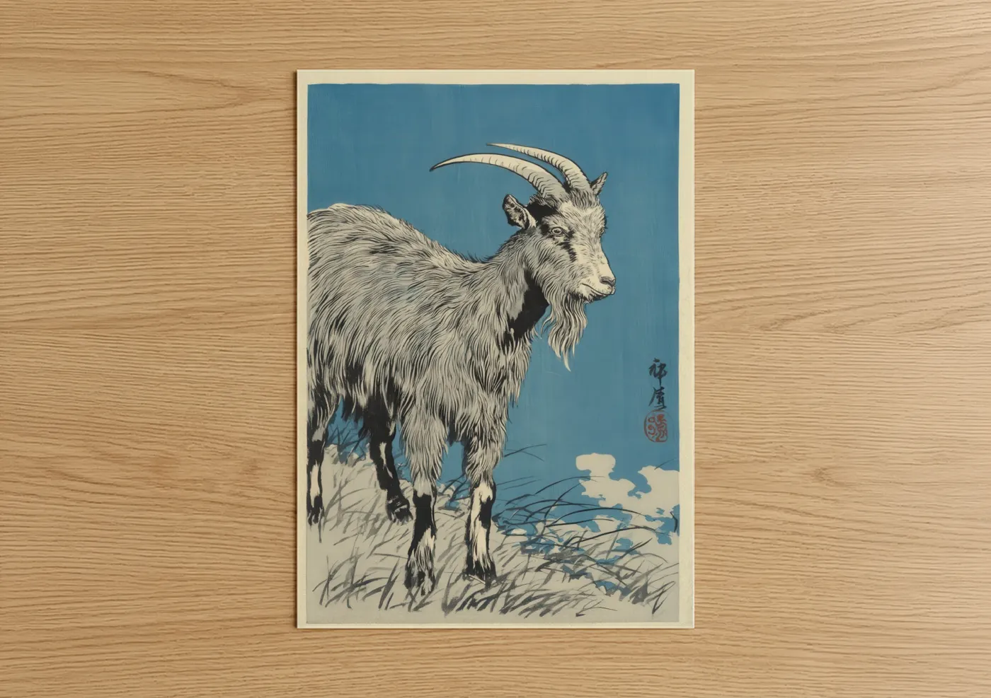 Alpine Goat with Long Horns Blue Wall Art