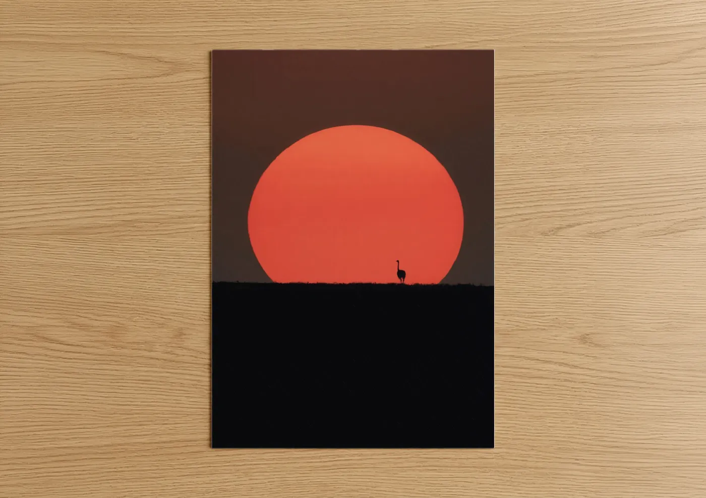 Art print on warm oak wood — red and black palette — Crimson Sunset Ostrich poster