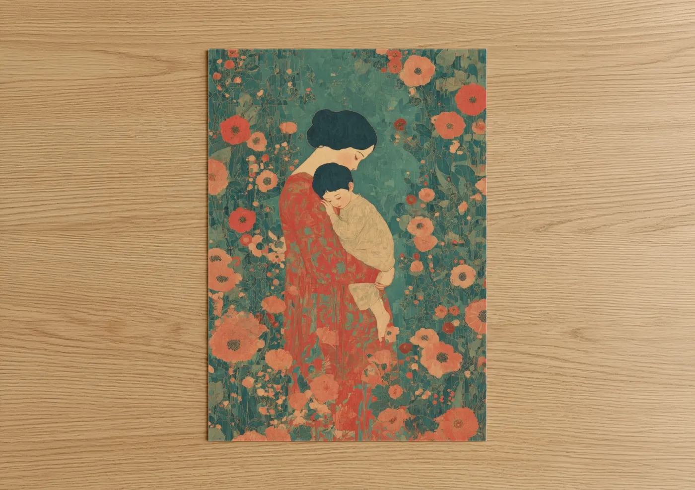 Mother and Child Floral Embrace Wall Art