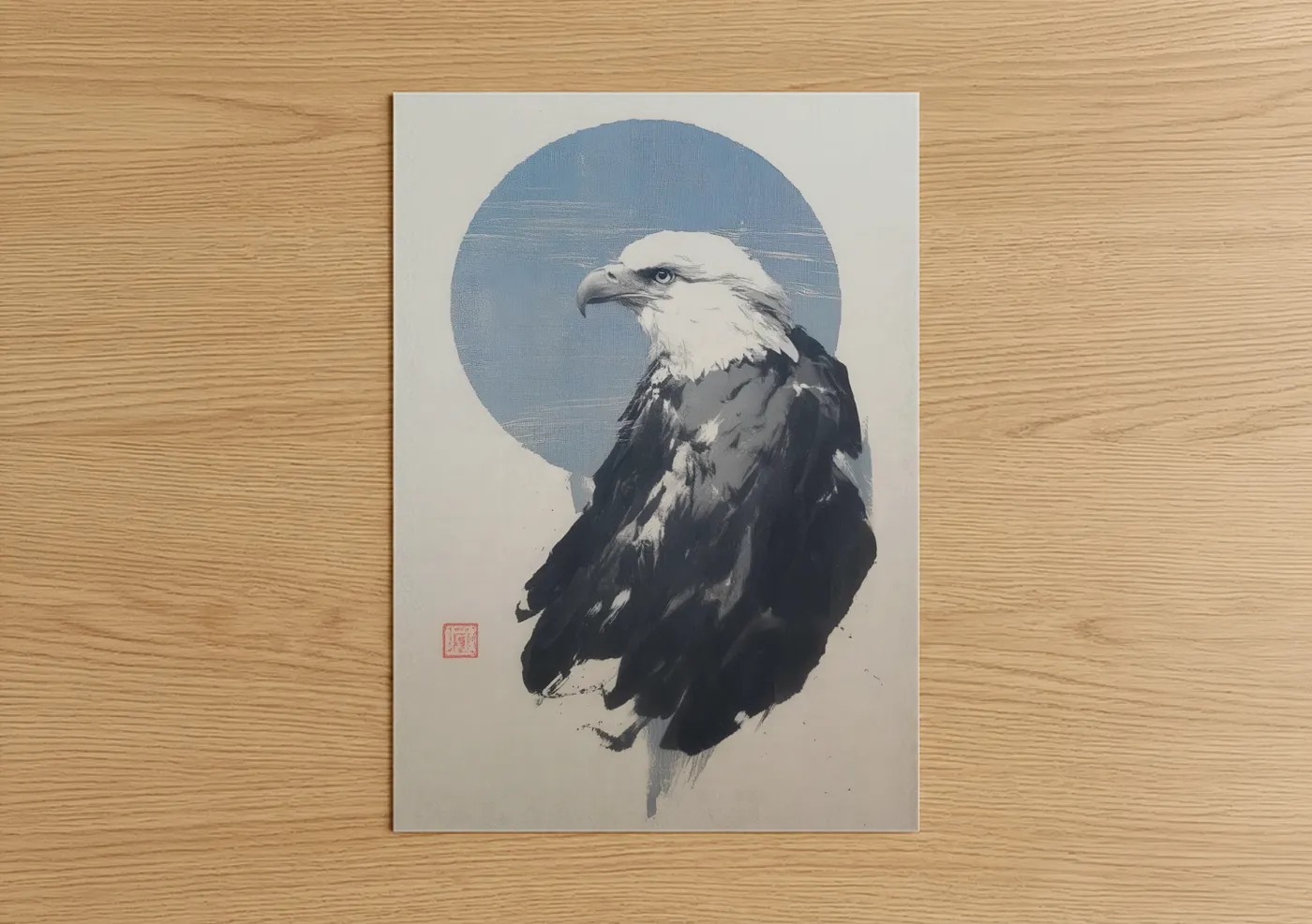 Art print on warm oak wood — blue and black and white palette — Majestic Eagle Portrait poster