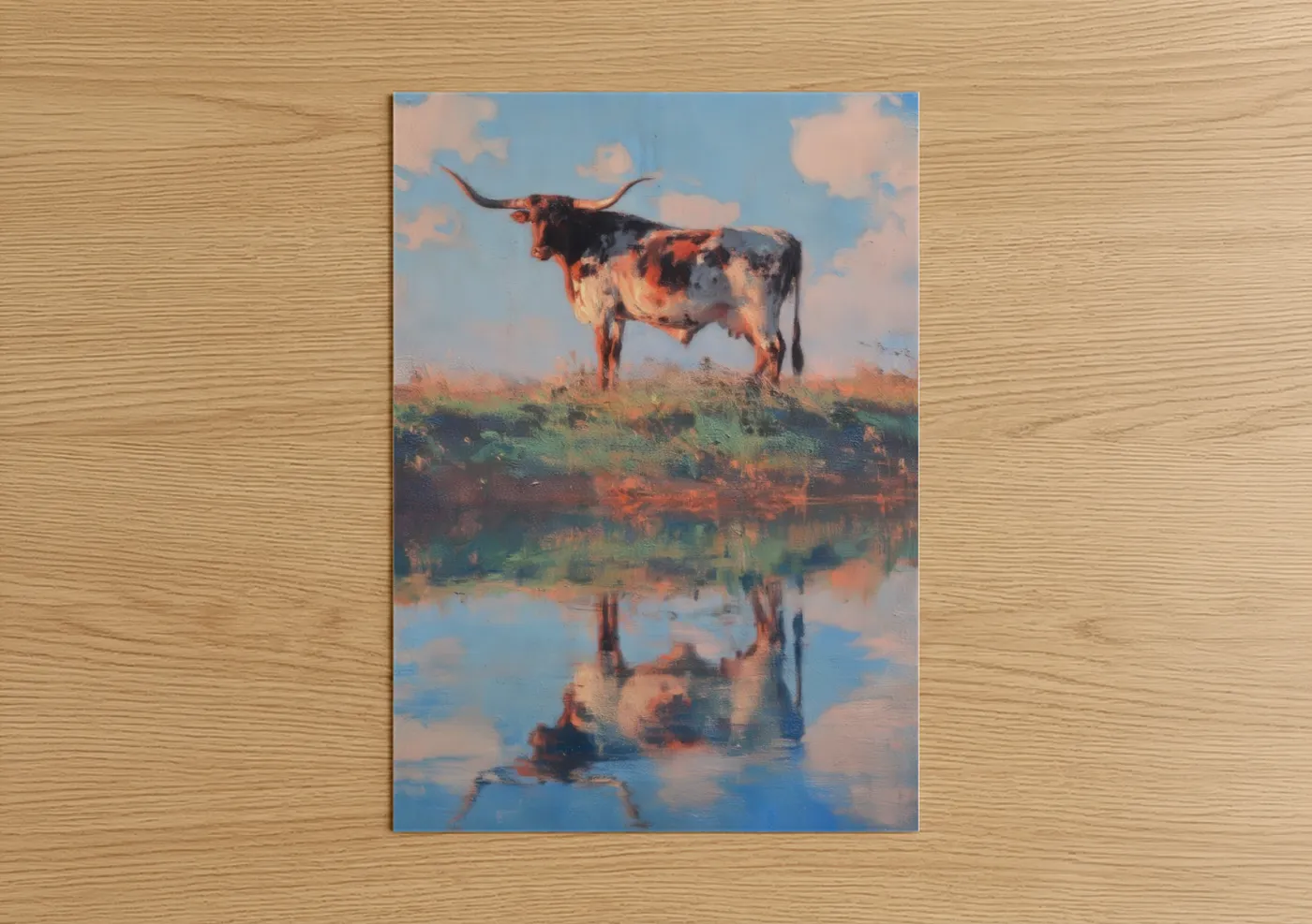 Longhorn Cow Water Reflection Painting Wall Art