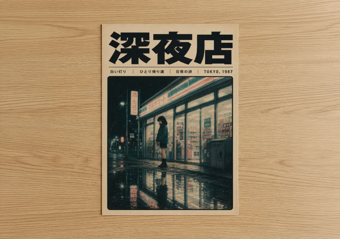 Art print on warm oak wood — teal and cream palette — Tokyo Night Convenience Store Wall Art poster