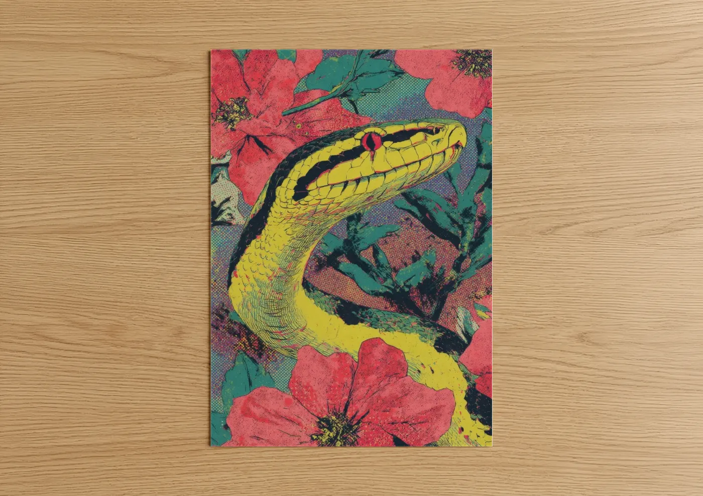 Boa constrictor art print on warm oak wood — yellow gold and magenta palette — Golden Serpent poster