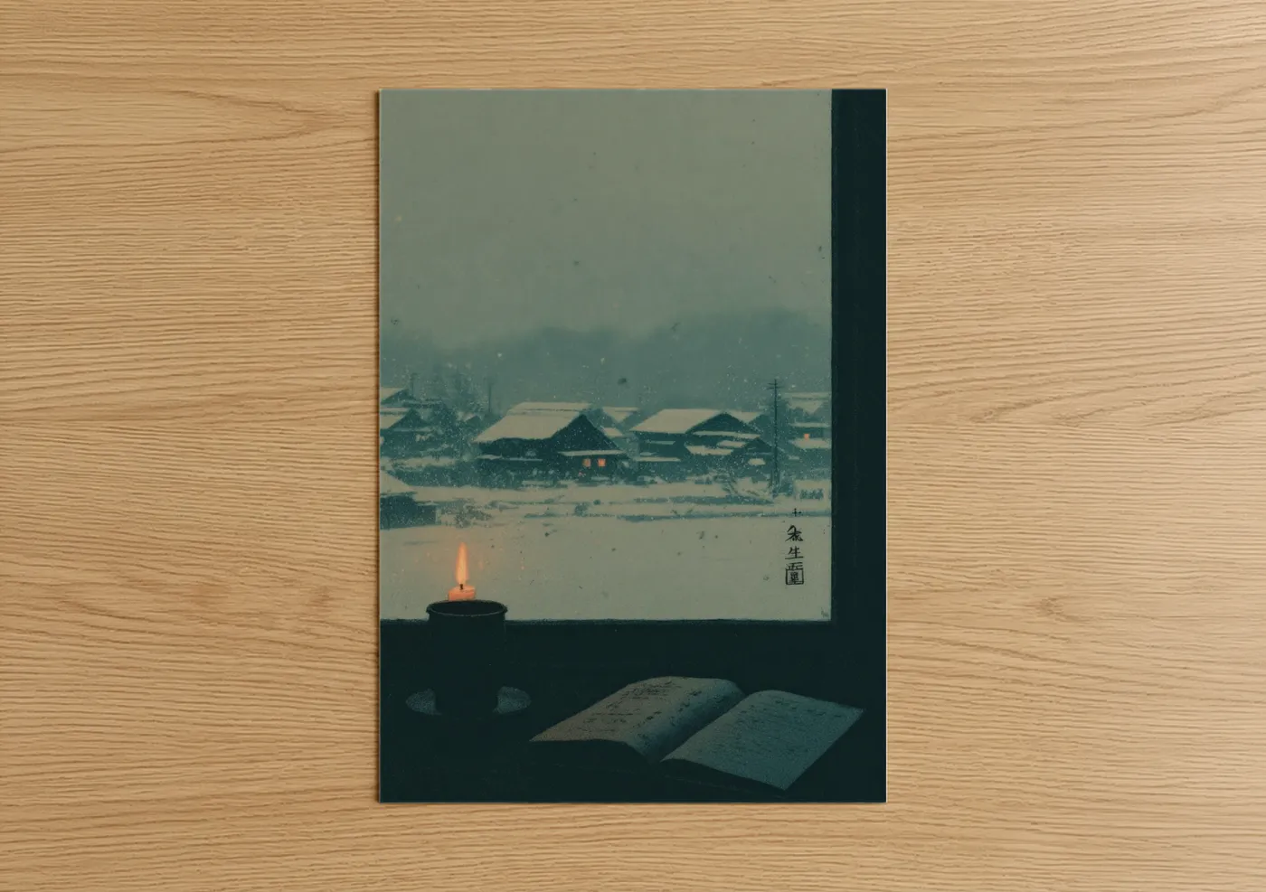 Art print on warm oak wood — gray and dove gray palette — Snowy Window Reading poster