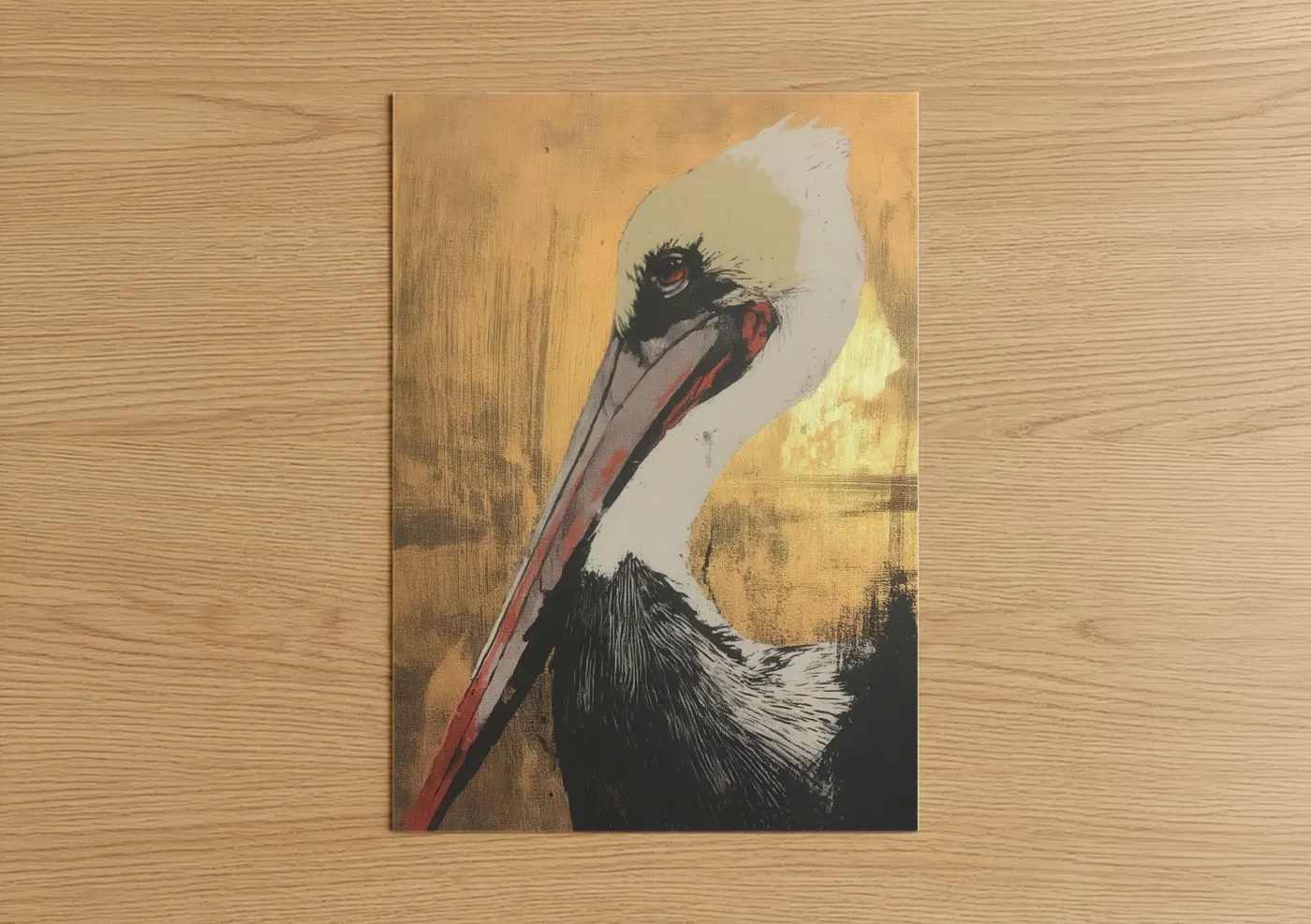Art print on warm oak wood — gold and cream palette — Golden Pelican poster