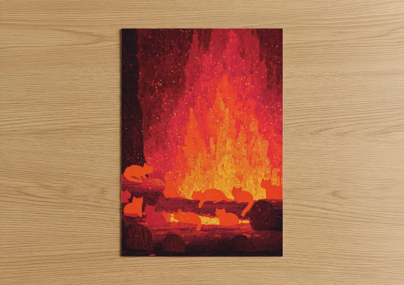 Art print on warm oak wood — red and orange palette — Inferno Fireplace poster