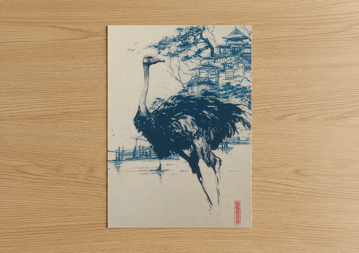 Ostrich Asian Garden Japanese Woodblock Wall Art