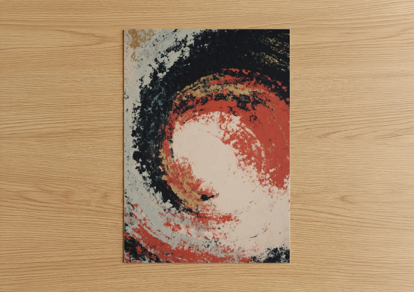 Art print on warm oak wood — red and black palette — Crimson Roulette poster