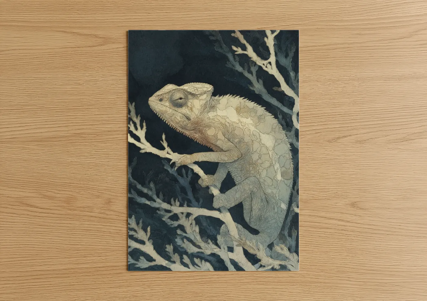Cream Chameleon Detailed Illustration Wall Art