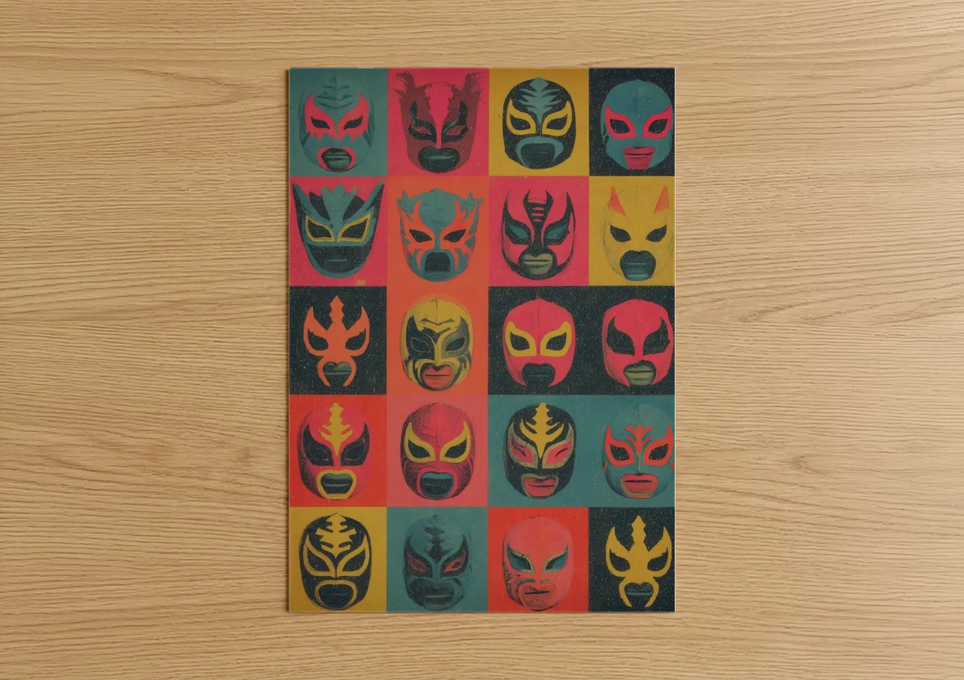 Wrestling art print on warm oak wood — red and yellow gold palette — Lucha Libre Masks poster