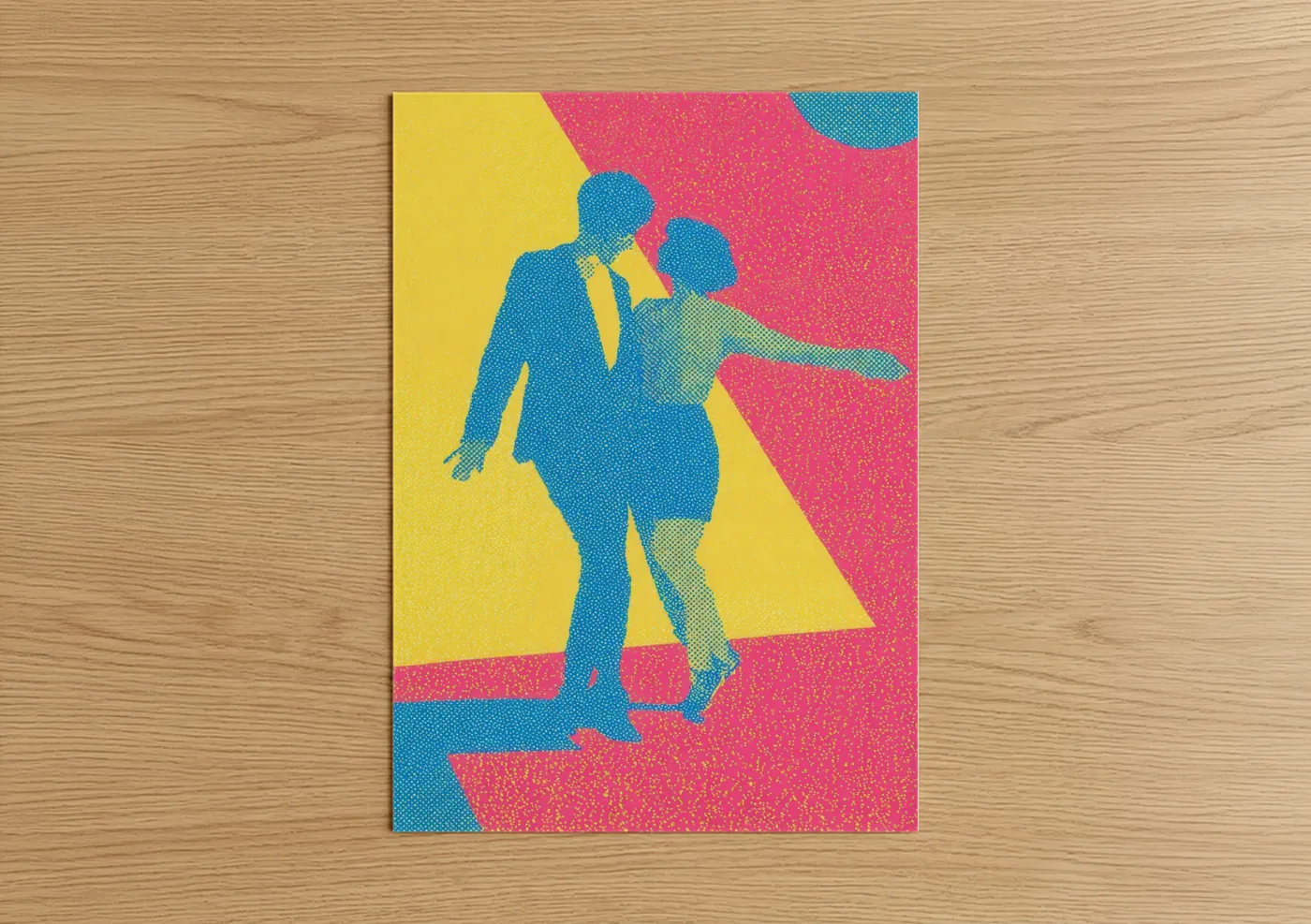 Art print on warm oak wood — magenta and yellow gold palette — Disco Dancers poster