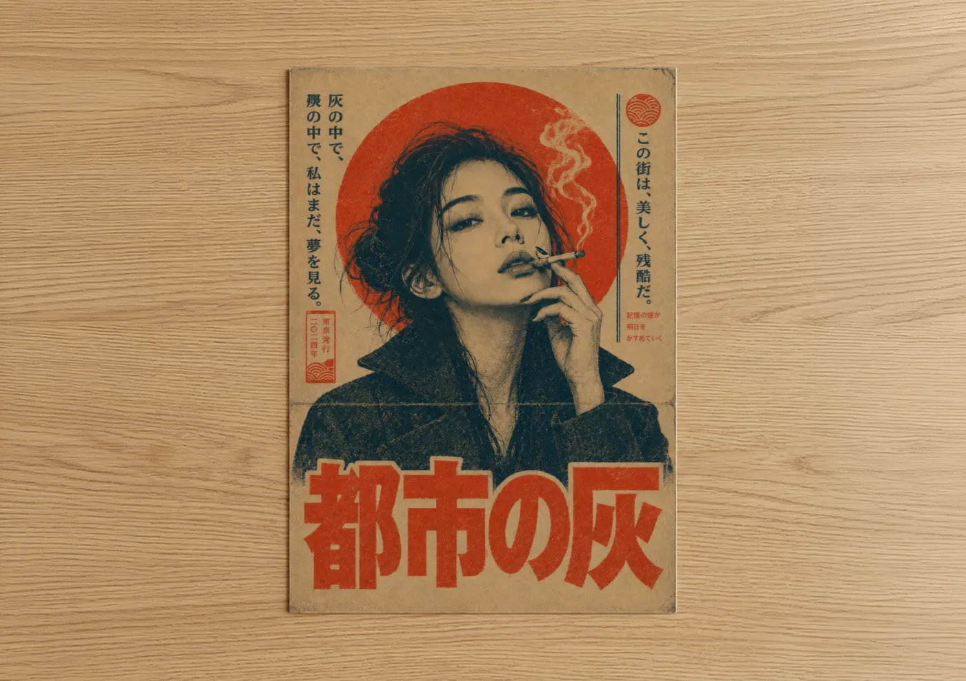 Art print on warm oak wood — red and beige palette — Vintage Japanese Smoking Woman Wall Art poster