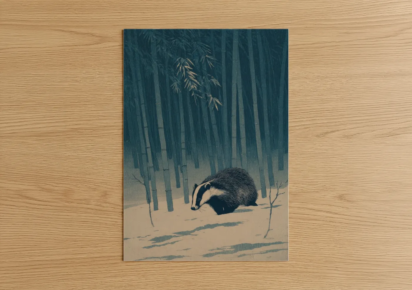 Art print on warm oak wood — teal and cream palette — Snowy Badger poster