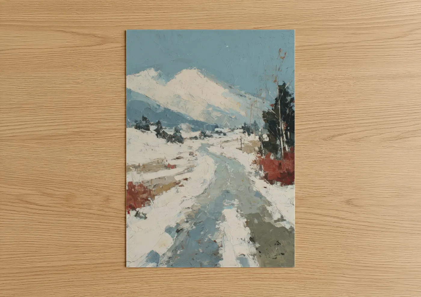 Winter art print on warm oak wood — blue and white palette — Snowy Mountain Vista poster